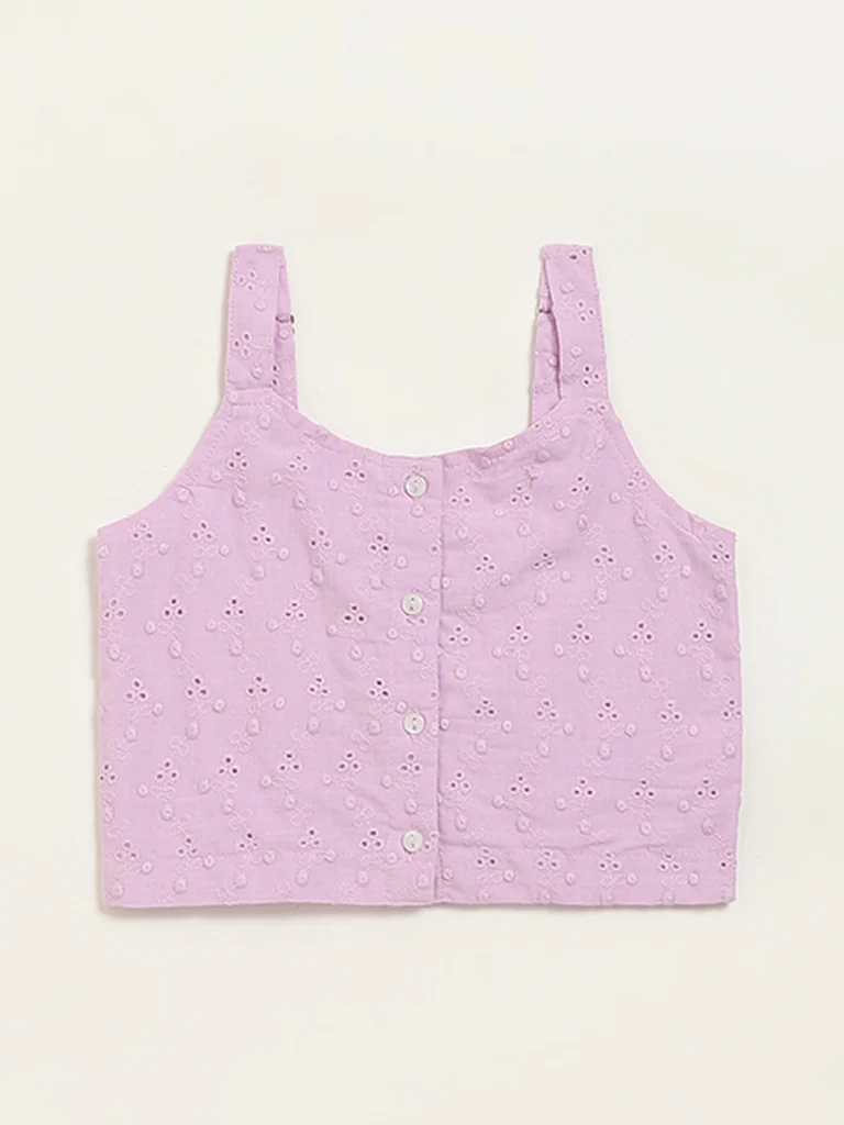 Utsa Kids Girls Light Purple Cotton Schiffli Top - (8-14 yrs)