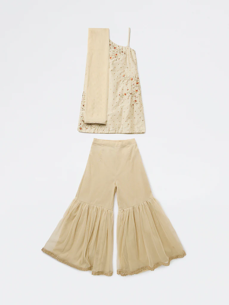 Utsa Kids Girls Light Taupe Embroidered Sharara Ethnic Set - (8-14 yrs)