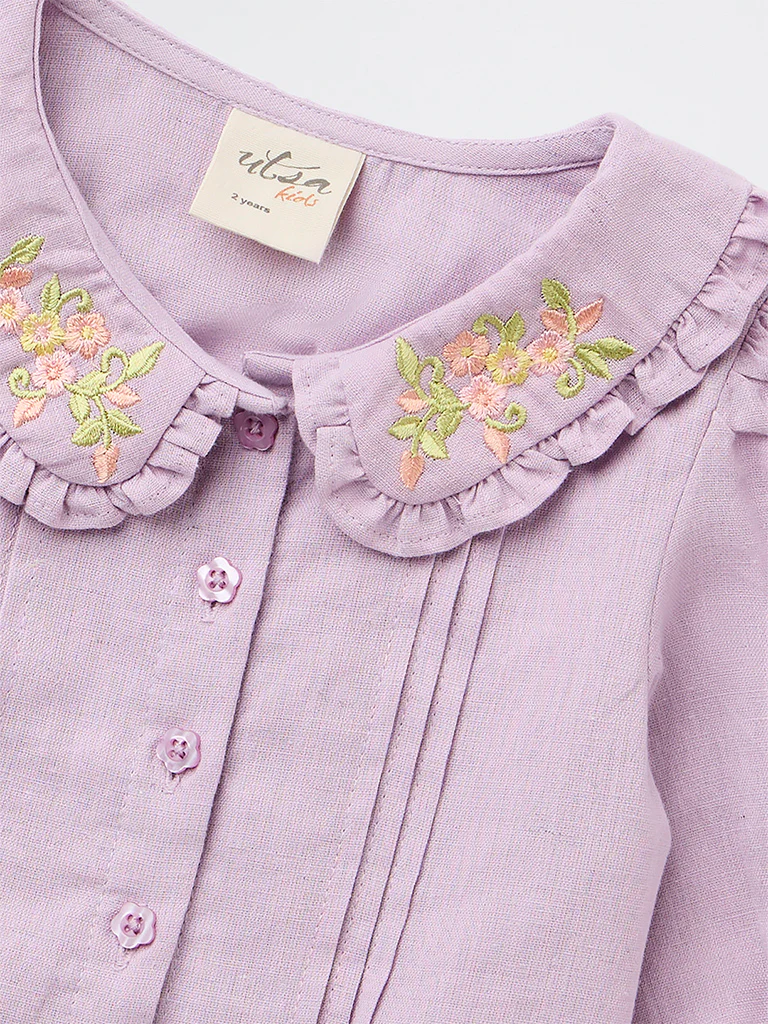 Utsa Kids Girls Lilac Embroidered Cotton-Blend Top - (2-8 yrs) - Image 3