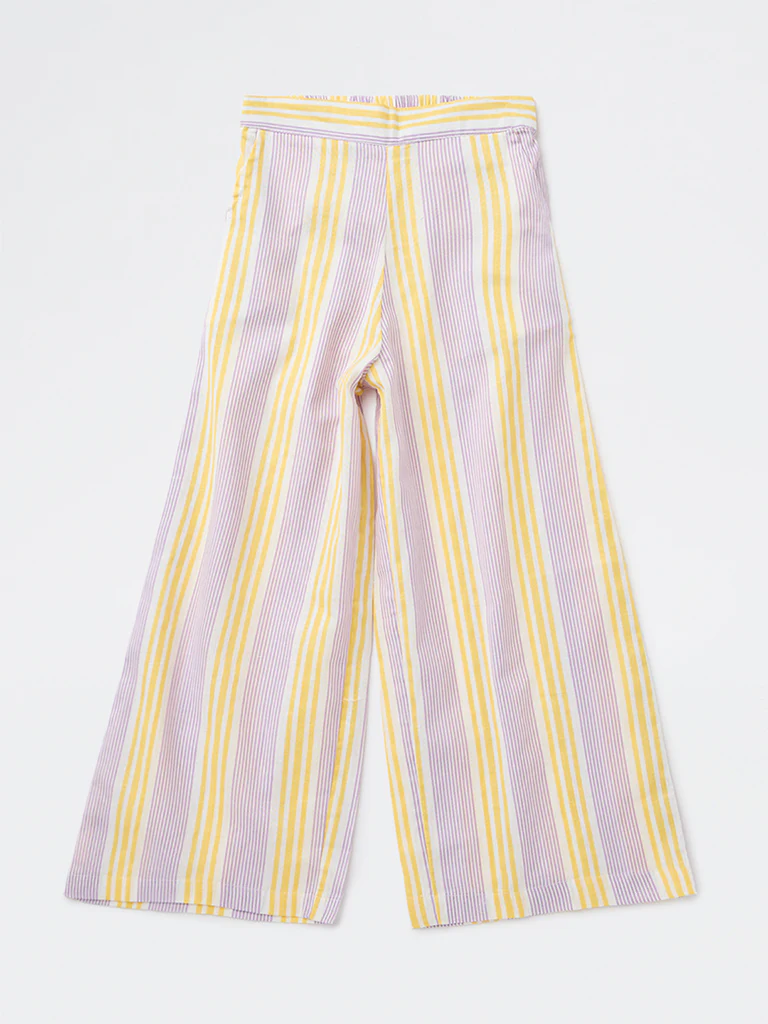 Utsa Kids Girls Lilac Striped Mid-Rise Cotton-Blend Pants - (8-14 yrs)