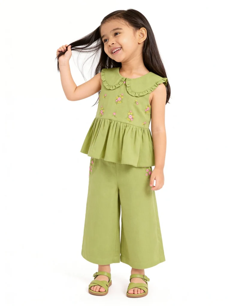 Utsa Kids Girls Lime Floral Embroidered Cotton-Blend Top - (2-8 yrs)