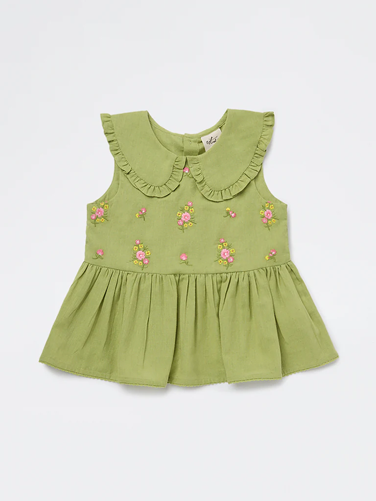 Utsa Kids Girls Lime Floral Embroidered Cotton-Blend Top - (2-8 yrs) - Image 3