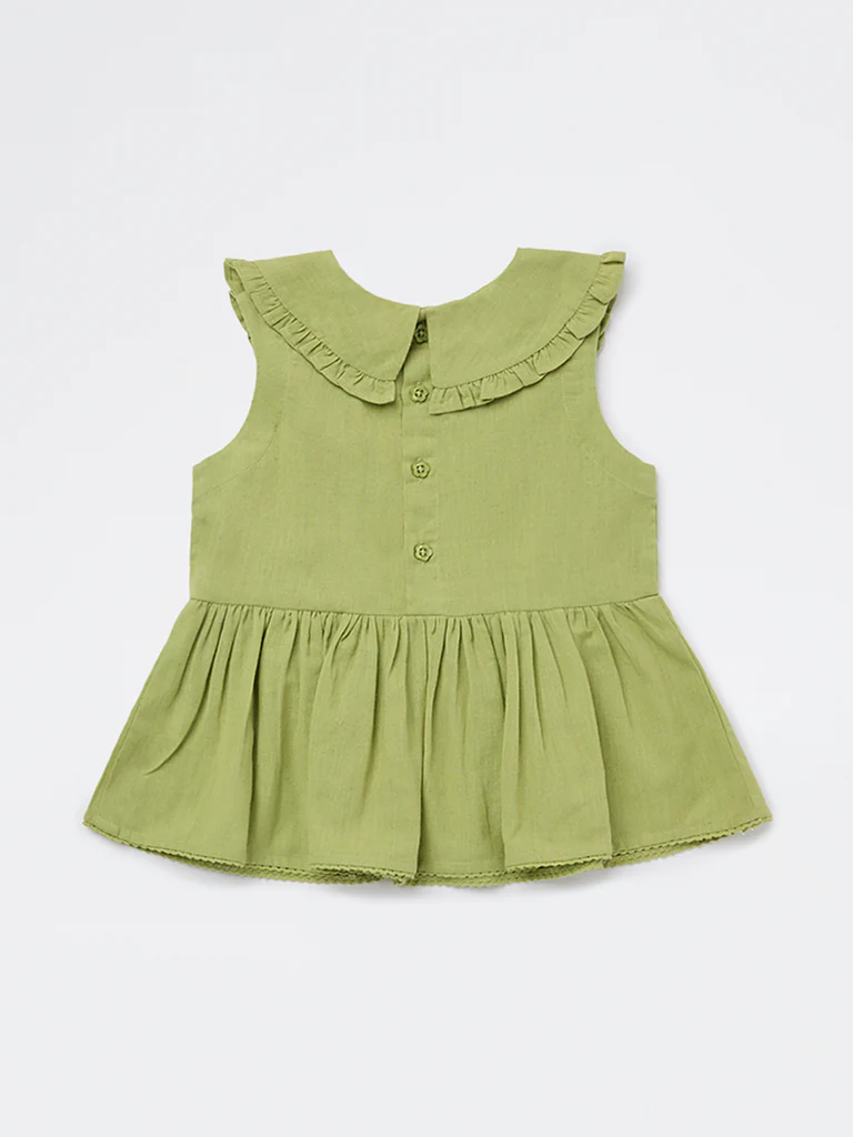Utsa Kids Girls Lime Floral Embroidered Cotton-Blend Top - (2-8 yrs) - Image 4