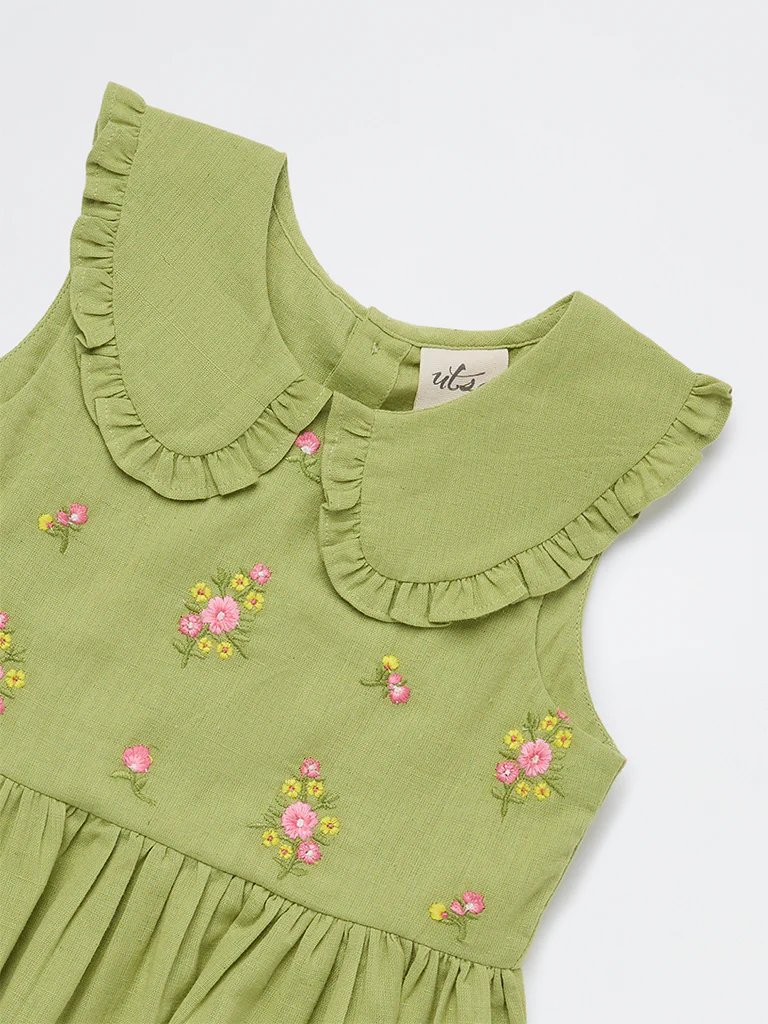 Utsa Kids Girls Lime Floral Embroidered Cotton-Blend Top - (2-8 yrs) - Image 5
