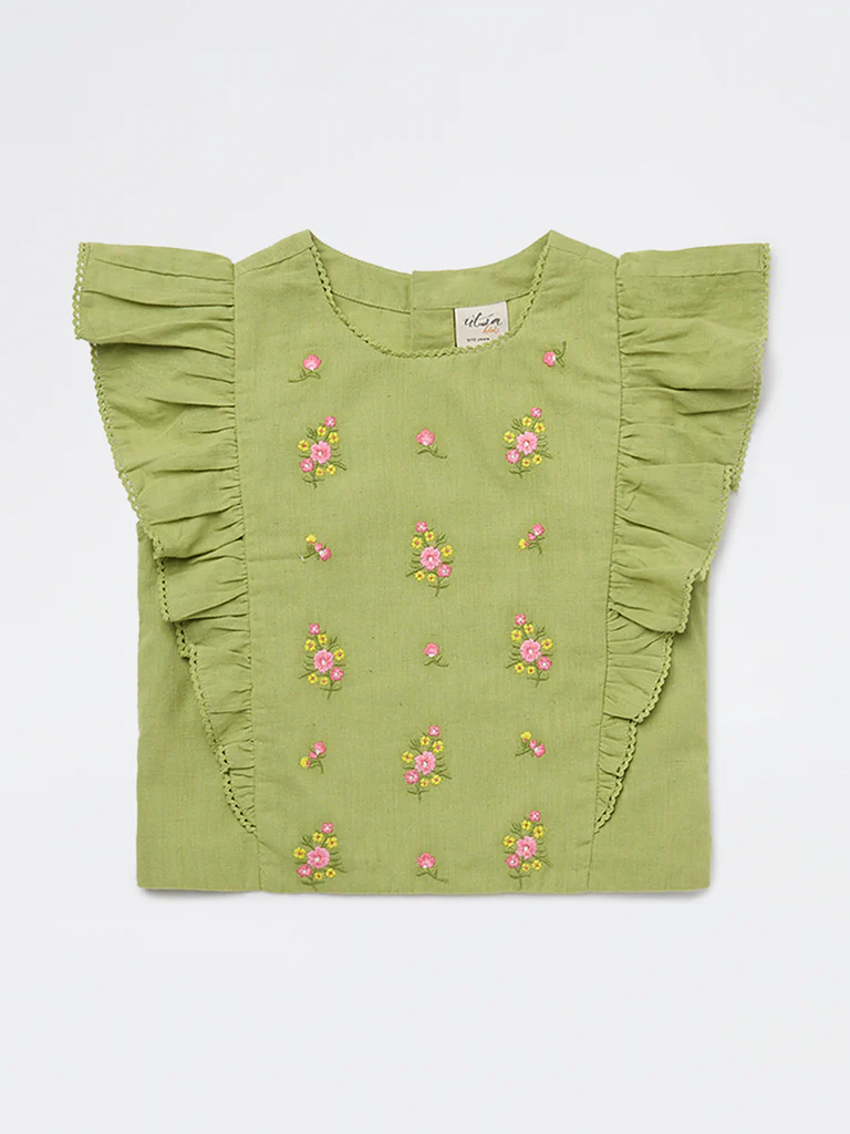 Utsa Kids Girls Lime Floral Embroidered Cotton-Blend Top - (8-14 yrs)