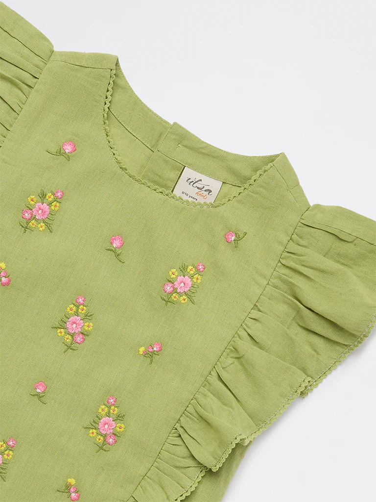Utsa Kids Girls Lime Floral Embroidered Cotton-Blend Top - (8-14 yrs) - Image 3