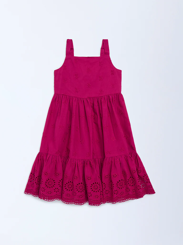 Utsa Kids Girls Magenta Schiffli Tiered Cotton Dress (2-8 yrs)