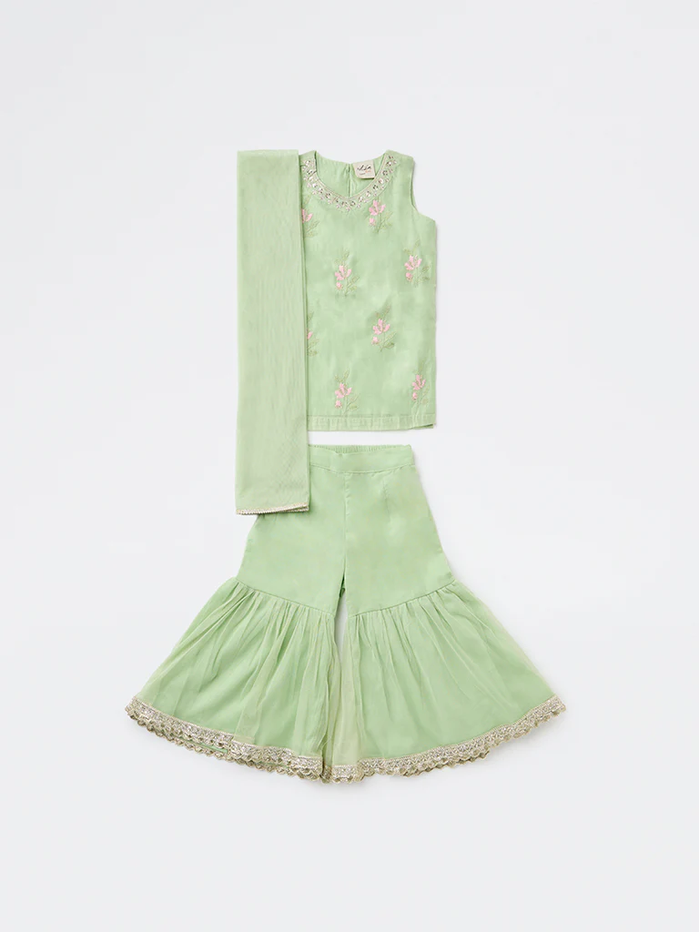 Utsa Kids Girls Mint Embroidered A-Line Kurta and Sharara Set - (2-8 yrs) - Image 3