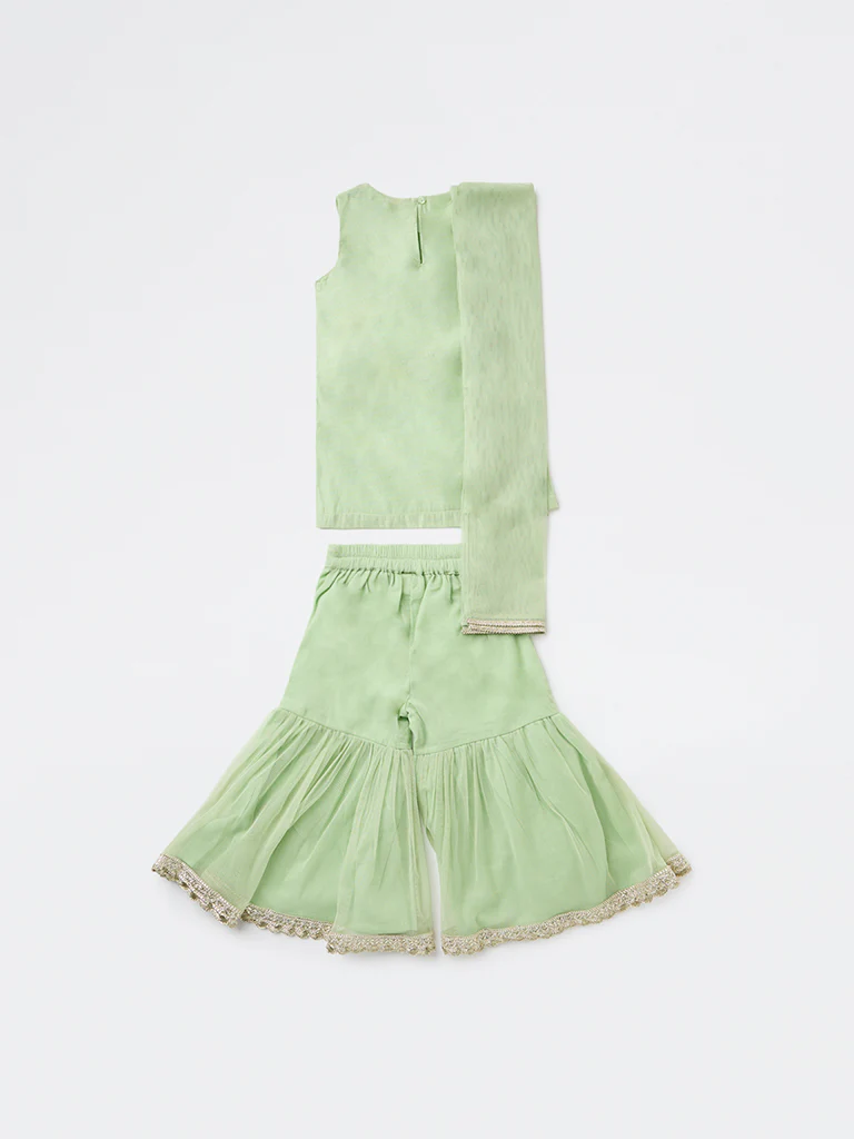 Utsa Kids Girls Mint Embroidered A-Line Kurta and Sharara Set - (2-8 yrs) - Image 4