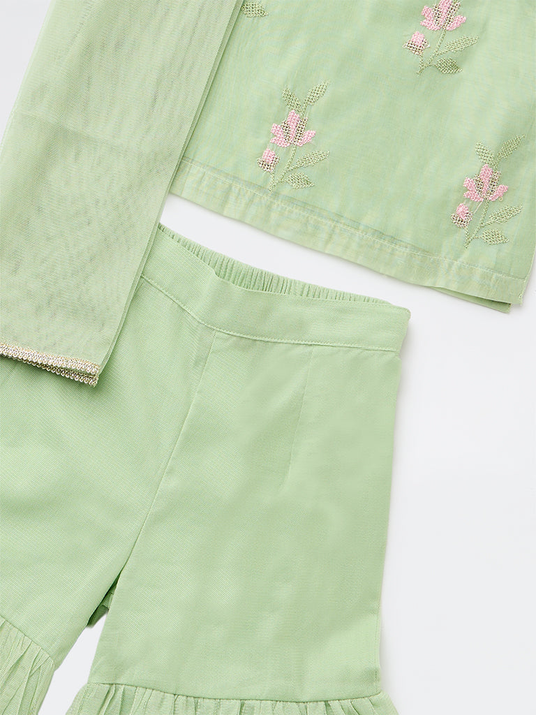 Utsa Kids Girls Mint Embroidered A-Line Kurta and Sharara Set - (2-8 yrs) - Image 5