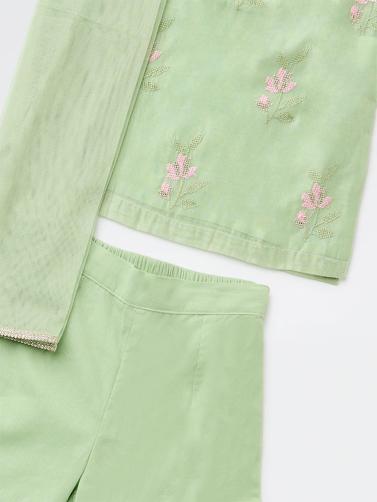 Utsa Kids Girls Mint Embroidered A-Line Kurta and Sharara Set - (8-14 yrs) - Image 3