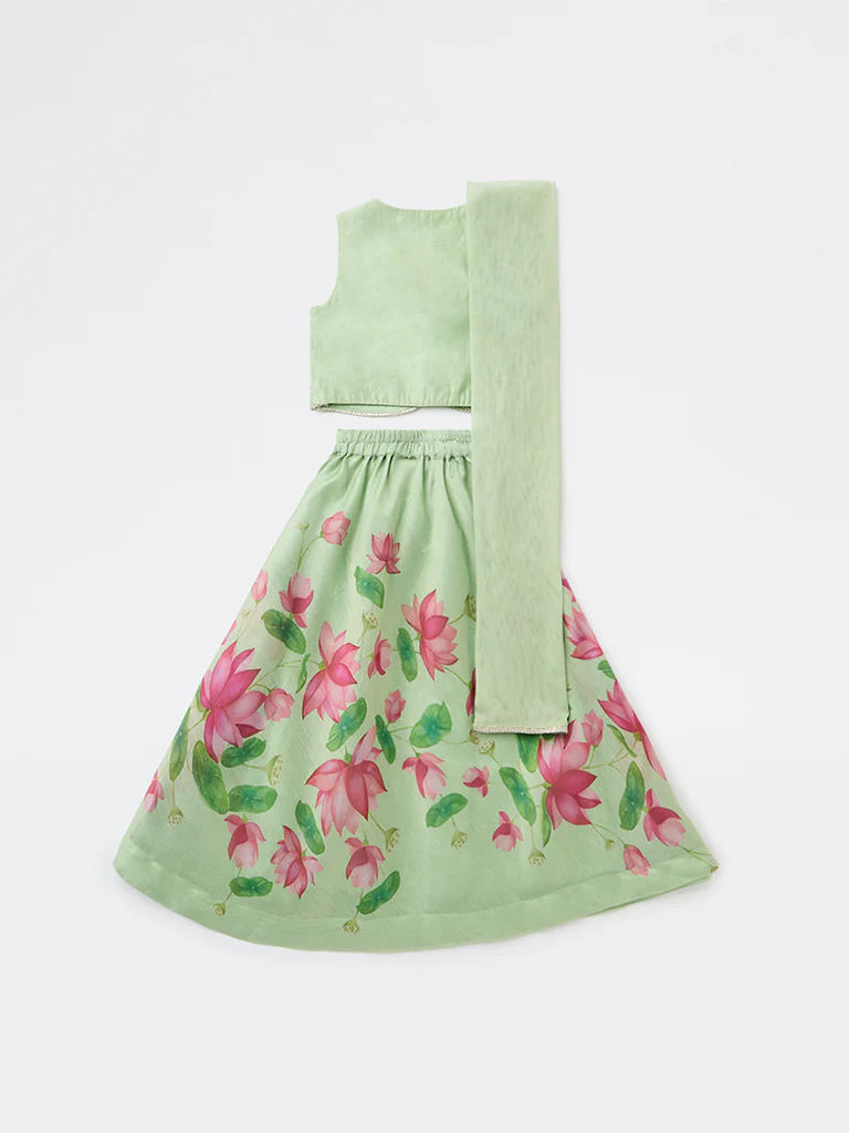 Utsa Kids Girls Mint Floral Printed Top Skirt and Dupatta Set - (2-8 yrs) - Image 4
