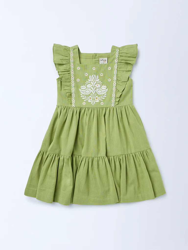 Utsa Kids Girls Mint Green Embroidered Tiered Cotton-Blend Dress - (2-8 yrs) - Image 3