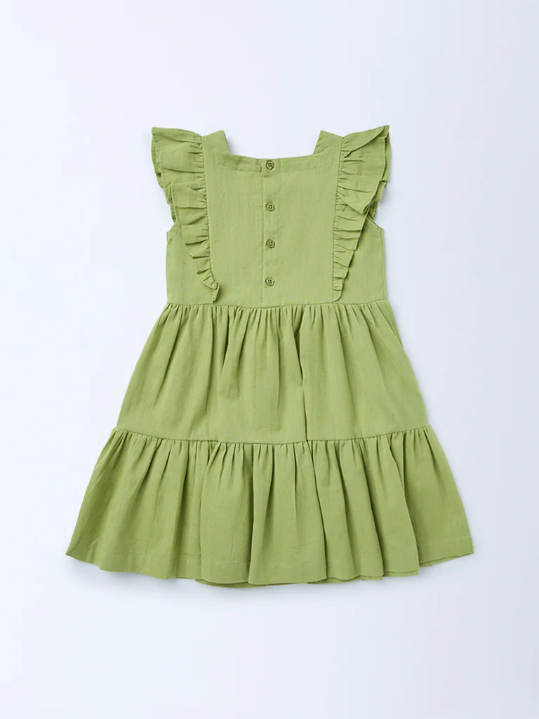 Utsa Kids Girls Mint Green Embroidered Tiered Cotton-Blend Dress - (2-8 yrs) - Image 4