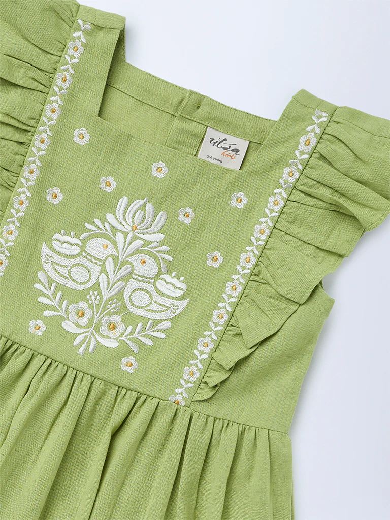 Utsa Kids Girls Mint Green Embroidered Tiered Cotton-Blend Dress - (2-8 yrs) - Image 5