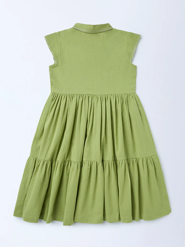 Utsa Kids Girls Mint Green Embroidered Tiered Cotton-Blend Dress - (8-14 yrs) - Image 2