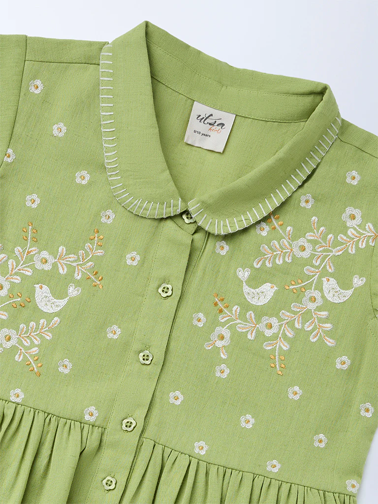 Utsa Kids Girls Mint Green Embroidered Tiered Cotton-Blend Dress - (8-14 yrs) - Image 3