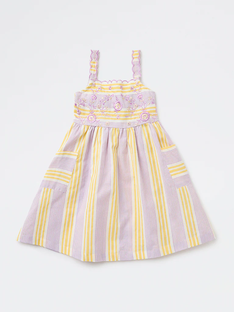 Utsa Kids Girls Multicolour Striped A-Line Cotton-Blend Dress - (2-8 yrs)