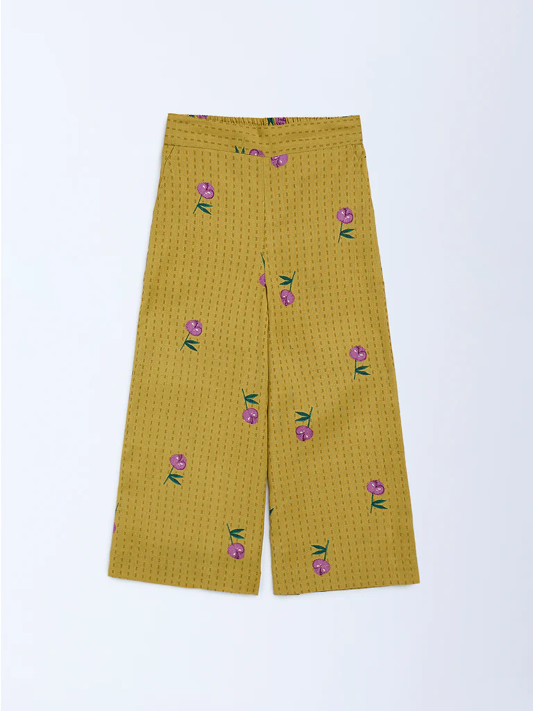 Utsa Kids Girls Mustard Floral Cotton-Blend Pants - (2-8 yrs)