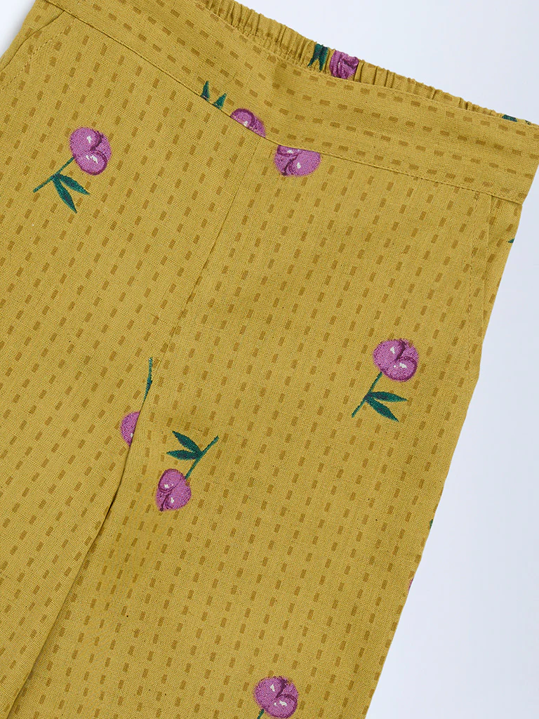 Utsa Kids Girls Mustard Floral Cotton-Blend Pants - (2-8 yrs) - Image 3