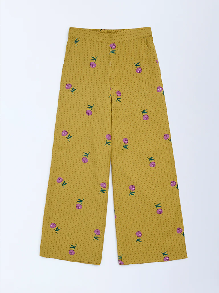 Utsa Kids Girls Mustard Floral Cotton-Blend Pants - (8-14 yrs)