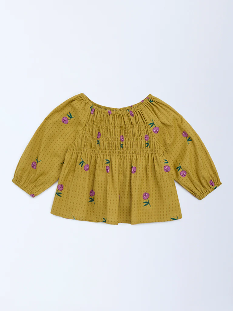 Utsa Kids Girls Mustard Floral Cotton-Blend Top - (2-8 yrs)