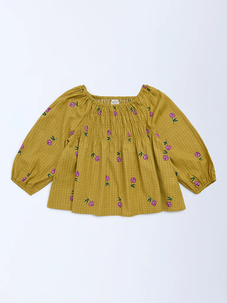 Utsa Kids Girls Mustard Floral Cotton-Blend Top - (8-14 yrs)
