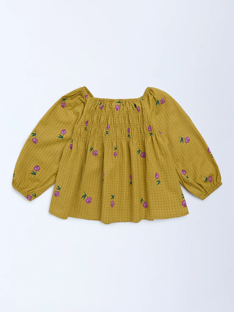 Utsa Kids Girls Mustard Floral Cotton-Blend Top - (8-14 yrs) - Image 2
