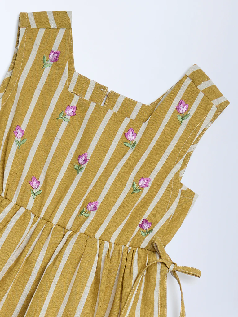 Utsa Kids Girls Mustard Striped A-Line Cotton-Blend Dress - (2-8 yrs) - Image 3