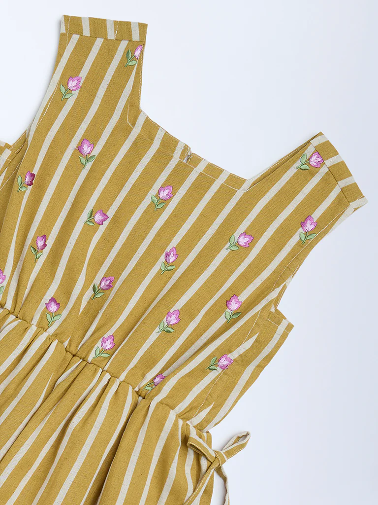 Utsa Kids Girls Mustard Striped A-Line Cotton-Blend Dress - (8-14 yrs) - Image 3