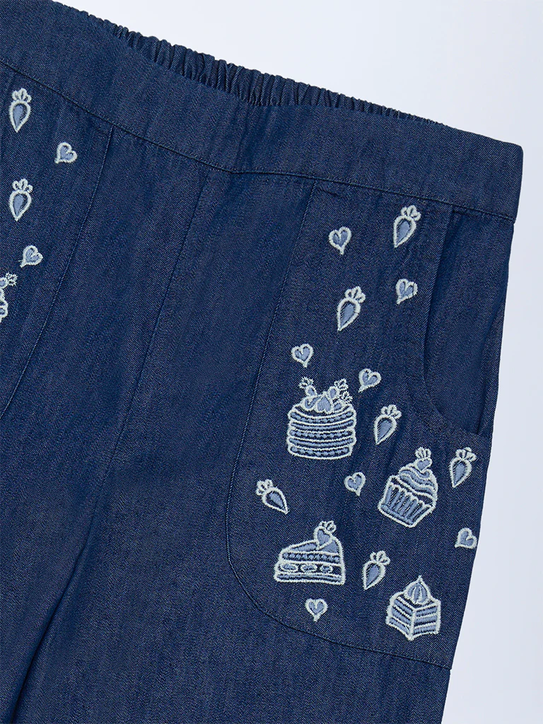Utsa Kids Girls Navy Embroidered Denim Pants - (2-8 yrs) - Image 3