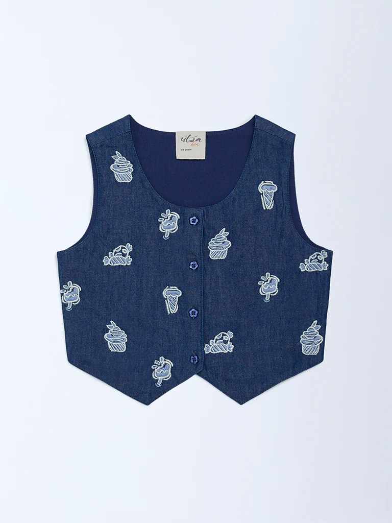 Utsa Kids Girls Navy Embroidered Denim Waistcoat - (2-8 yrs)