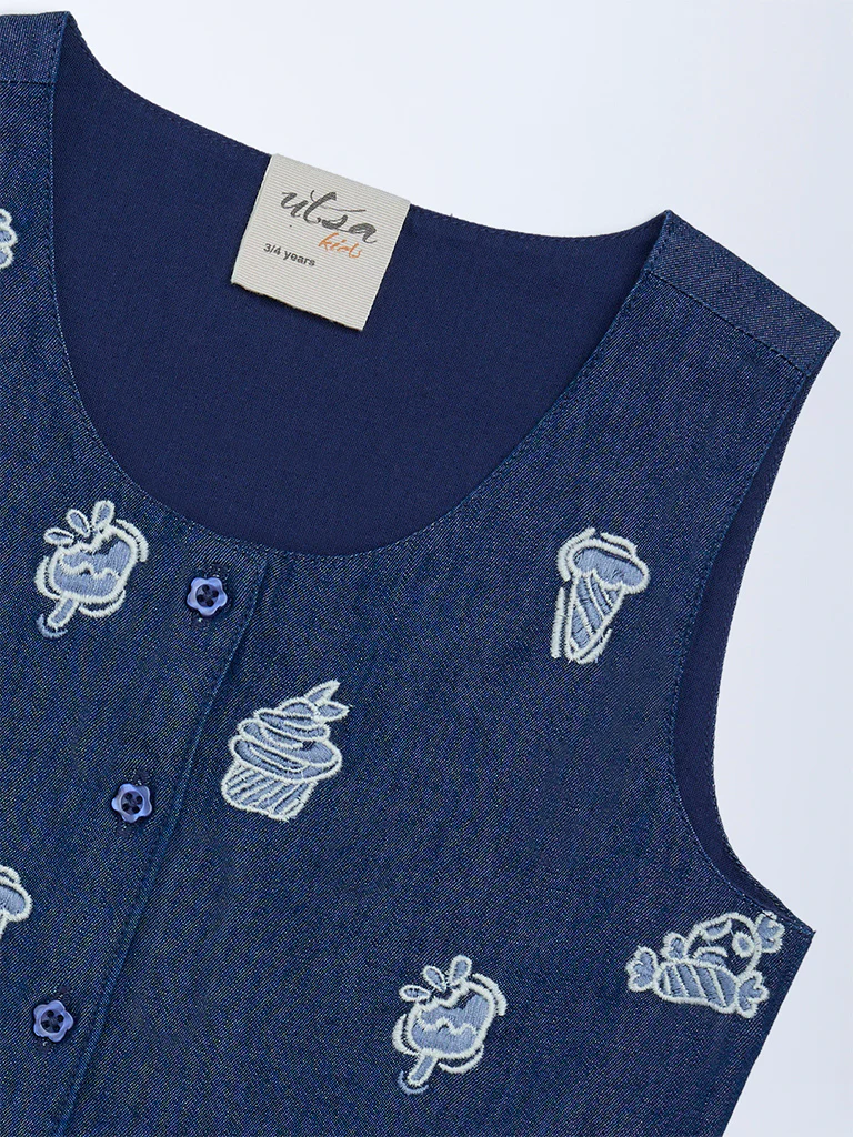 Utsa Kids Girls Navy Embroidered Denim Waistcoat - (2-8 yrs) - Image 3