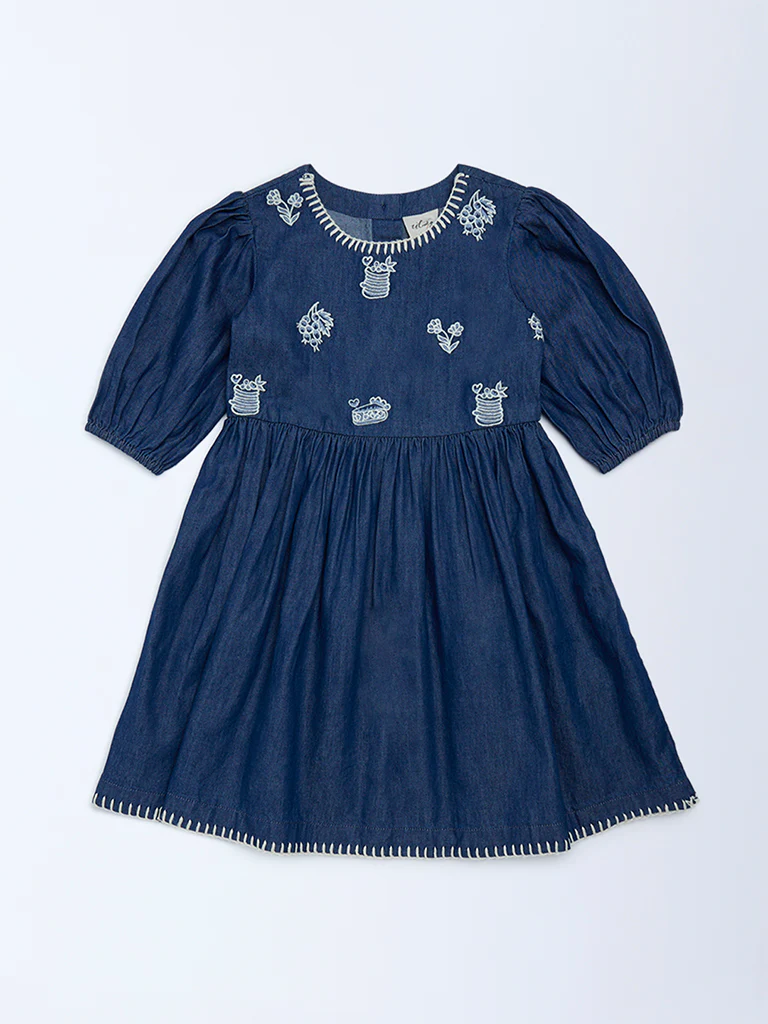 Utsa Kids Girls Navy Embroidered Fit-and-Flare Denim Dress - (2-8 yrs)
