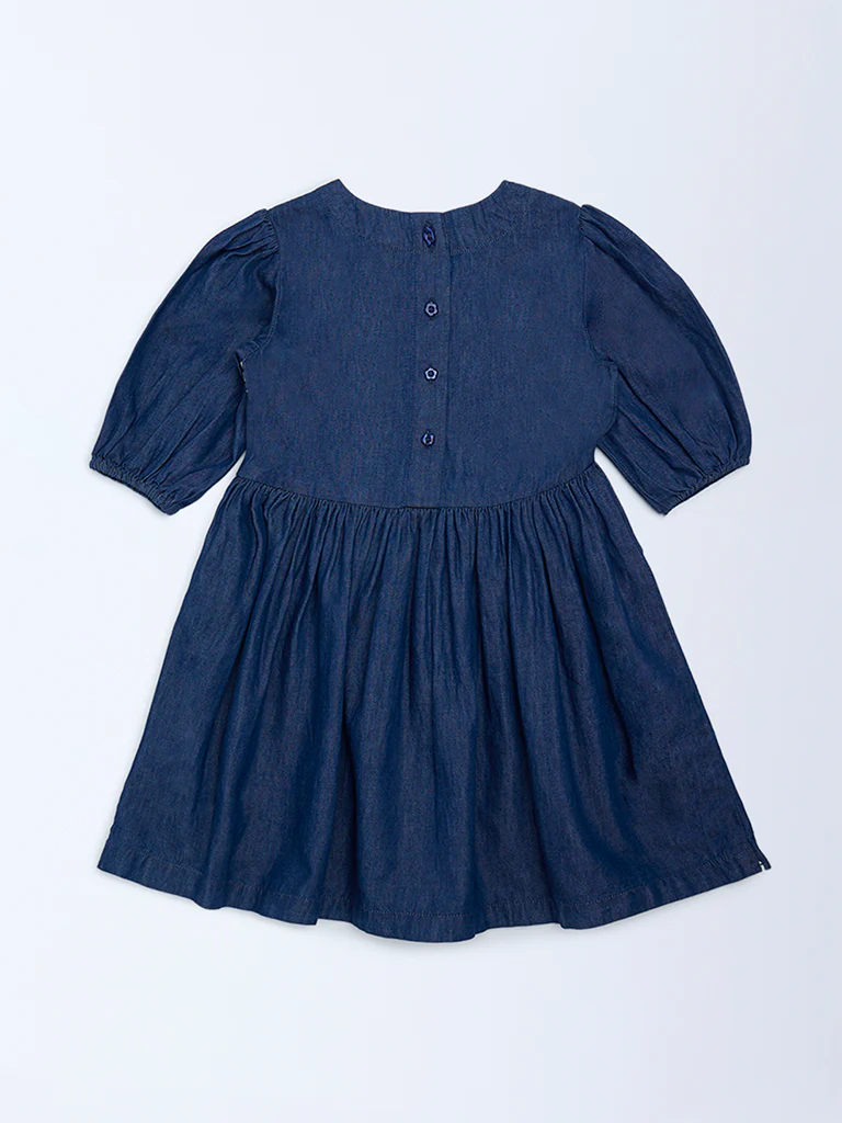 Utsa Kids Girls Navy Embroidered Fit-and-Flare Denim Dress - (2-8 yrs) - Image 2