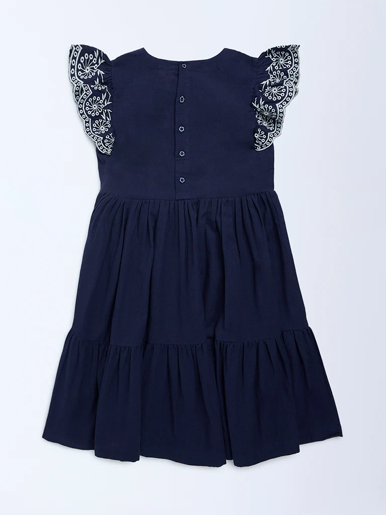 Utsa Kids Girls Navy Floral Embroidered A-Line Cotton-Blend Dress - (8-14 yrs) - Image 2