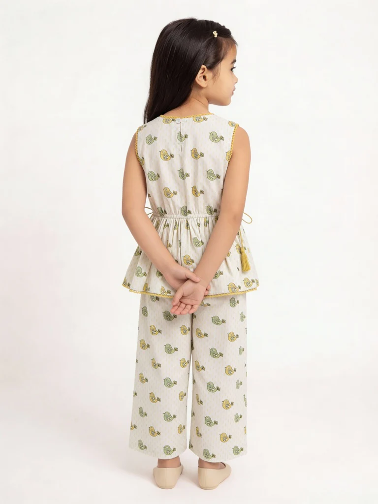Utsa Kids Girls Off-White Bird Pattern Cotton Peplum Top - (2-8 yrs) - Image 2