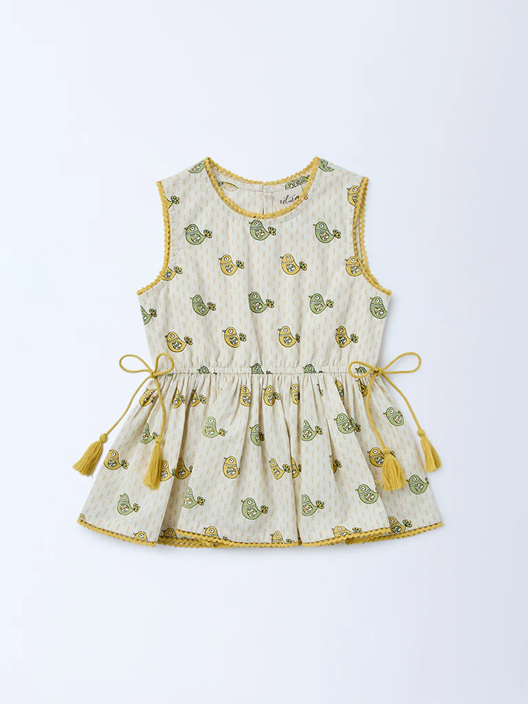 Utsa Kids Girls Off-White Bird Pattern Cotton Peplum Top - (2-8 yrs) - Image 3