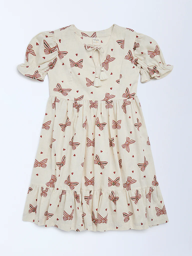 Utsa Kids Girls Off-White Bow-Printed A-Line Cotton-Blend Dress - (2-8 yrs)