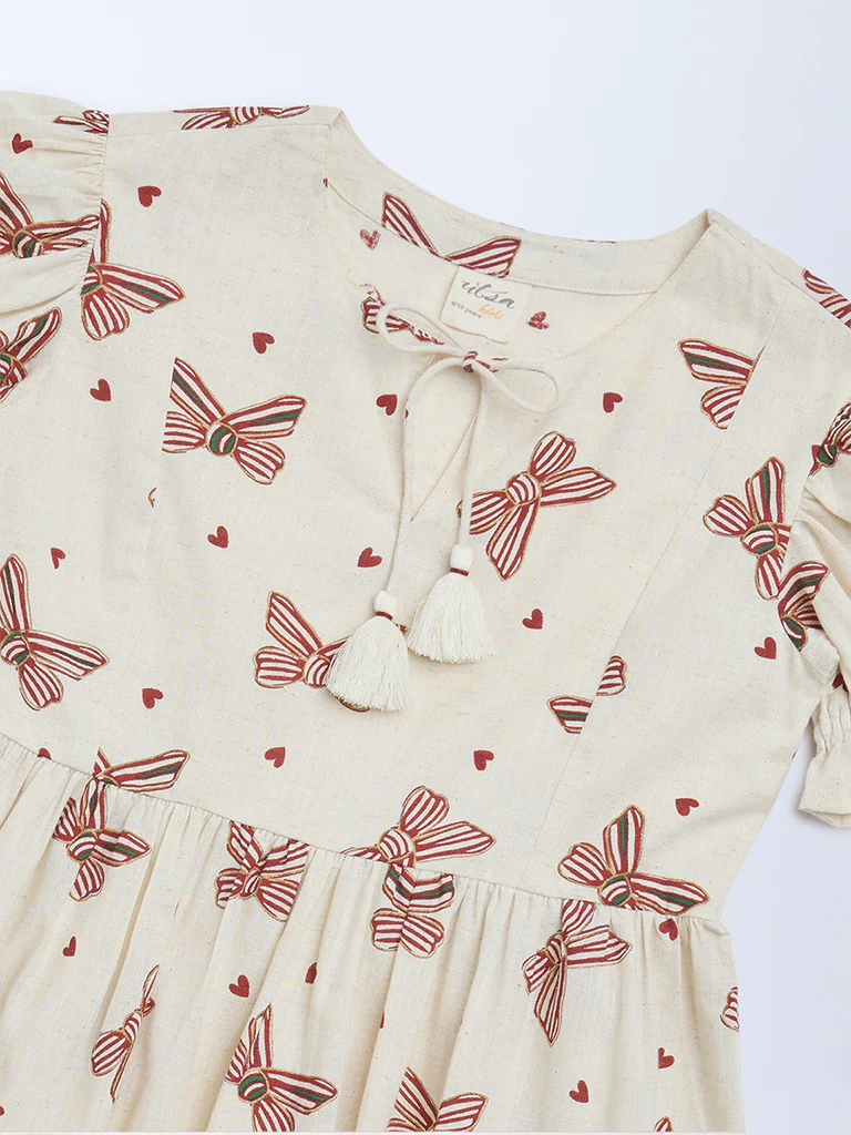 Utsa Kids Girls Off-White Bow-Printed A-Line Cotton-Blend Dress - (2-8 yrs) - Image 3