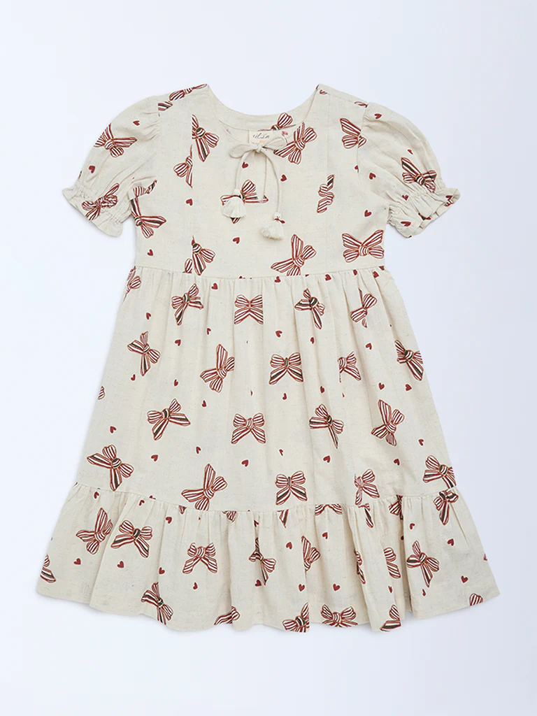 Utsa Kids Girls Off-White Bow-Printed A-Line Cotton-Blend Dress - (8-14 yrs)