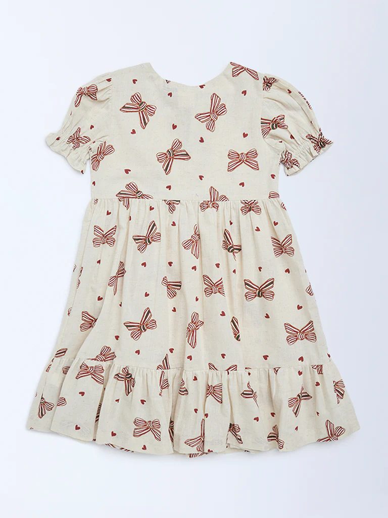 Utsa Kids Girls Off-White Bow-Printed A-Line Cotton-Blend Dress - (8-14 yrs) - Image 2