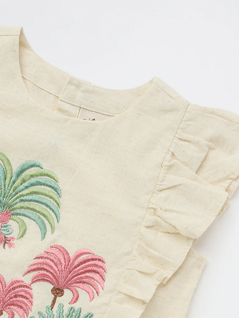 Utsa Kids Girls Off-White Embroidered Cotton-Blend Top - (8-14 yrs) - Image 5