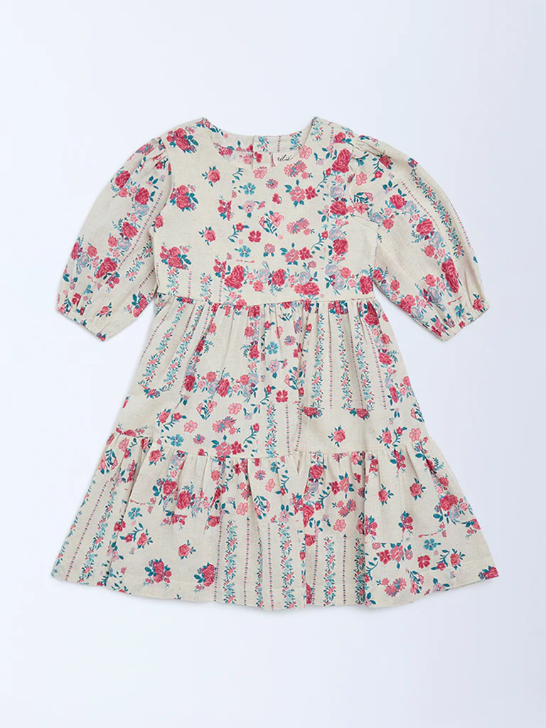 Utsa Kids Girls Off-White Floral Cotton-Blend Tiered Dress - (2-8 yrs)
