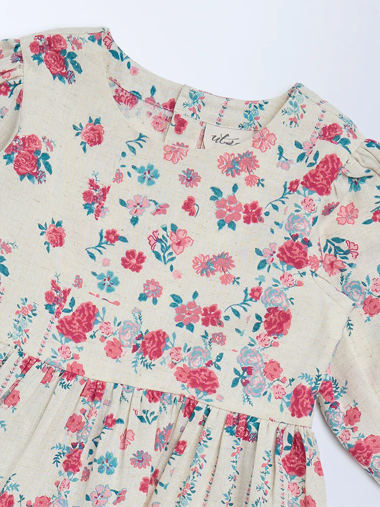 Utsa Kids Girls Off-White Floral Cotton-Blend Tiered Dress - (2-8 yrs) - Image 3