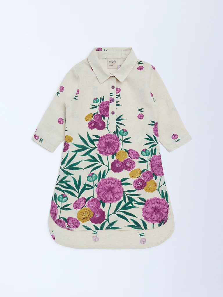 Utsa Kids Girls Off-White Floral Cotton-Blend Tunic - (2-8 yrs)
