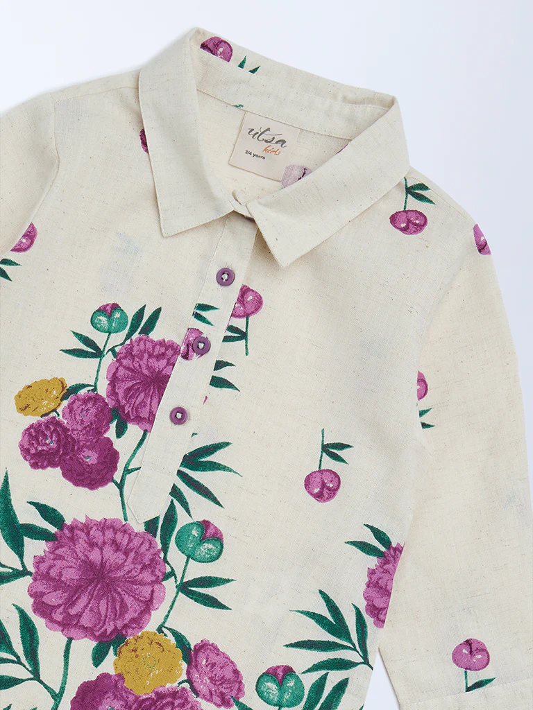 Utsa Kids Girls Off-White Floral Cotton-Blend Tunic - (2-8 yrs) - Image 3