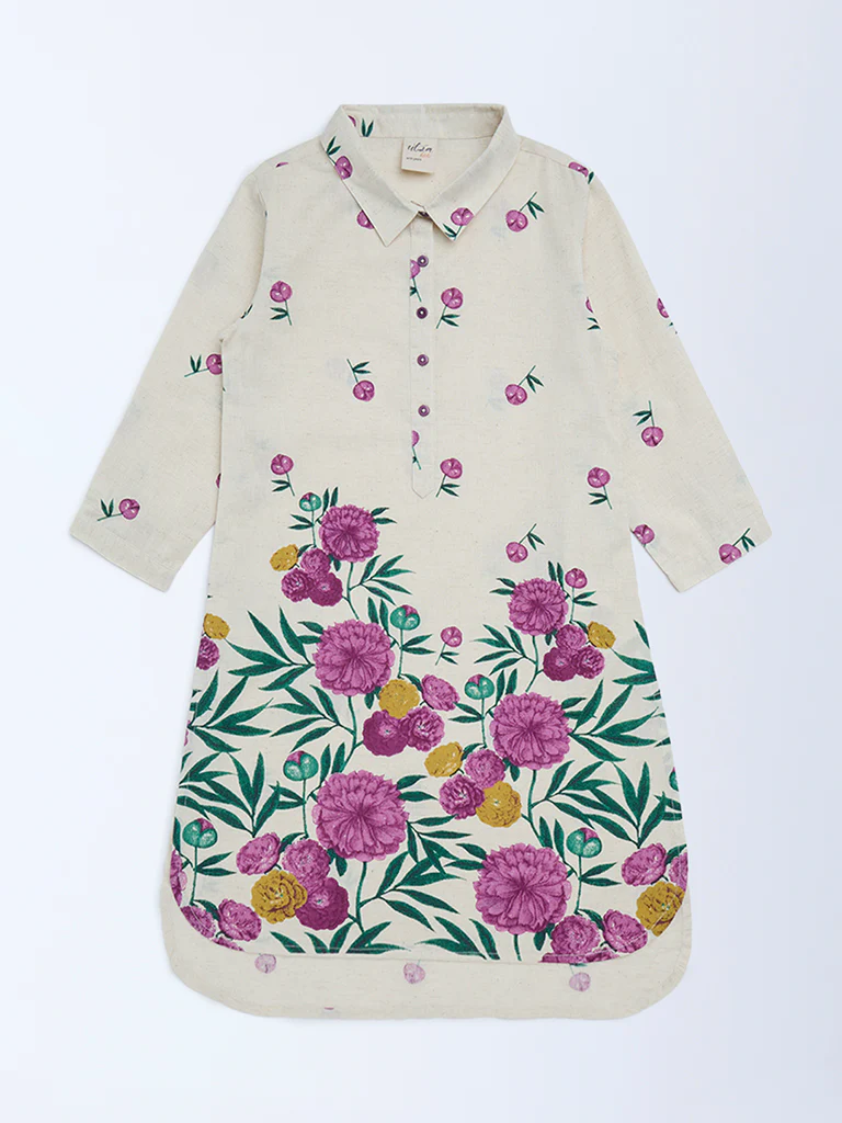 Utsa Kids Girls Off-White Floral Cotton-Blend Tunic - (8-14 yrs)
