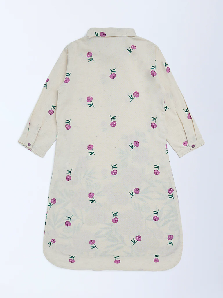 Utsa Kids Girls Off-White Floral Cotton-Blend Tunic - (8-14 yrs) - Image 2