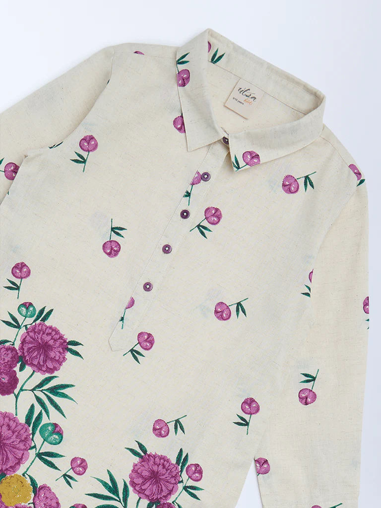 Utsa Kids Girls Off-White Floral Cotton-Blend Tunic - (8-14 yrs) - Image 3